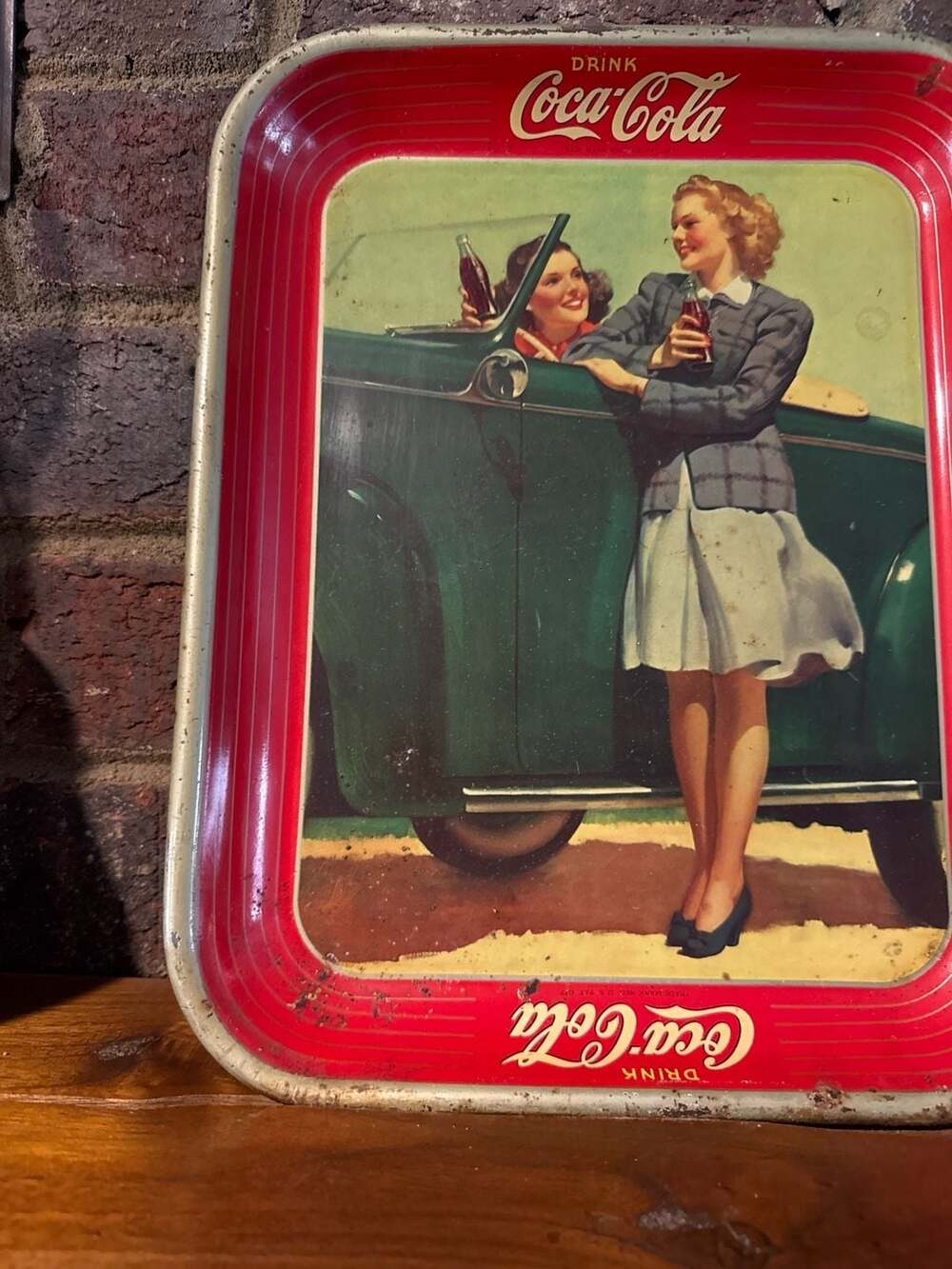 Vintage 1942 Original Coca-Cola Metal Serving Tray Two Girls and Roadster - Picture 3 of 7